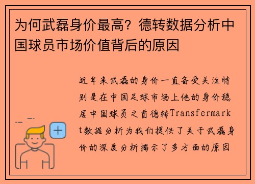 为何武磊身价最高？德转数据分析中国球员市场价值背后的原因