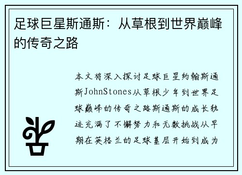 足球巨星斯通斯：从草根到世界巅峰的传奇之路