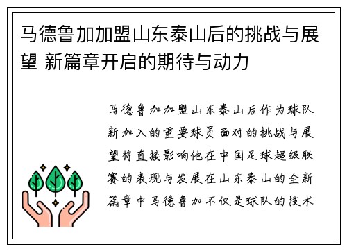 马德鲁加加盟山东泰山后的挑战与展望 新篇章开启的期待与动力